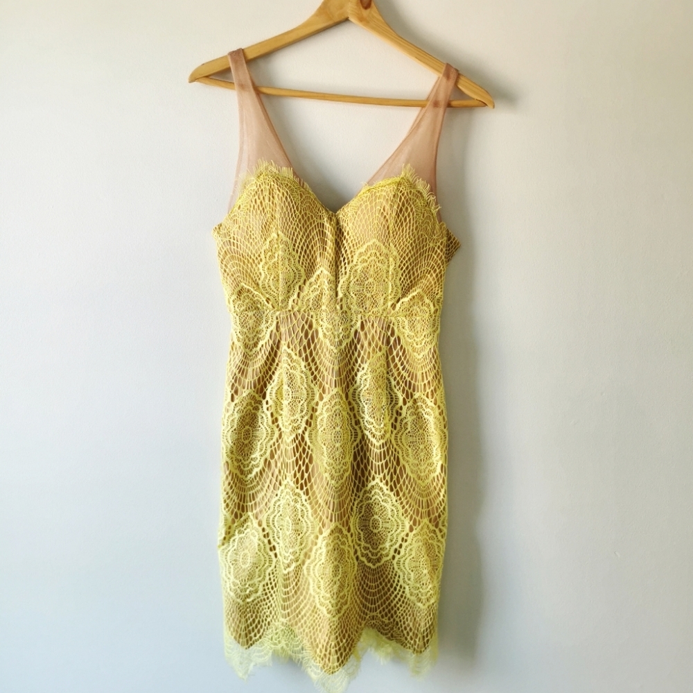 Yellow Lace Sheath Dress with Nude Mesh Straps